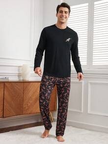 男士虎紋圓領長袖加長褲家居套裝 - 彩色 - 查看 4