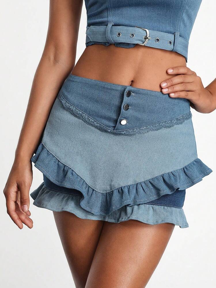Designer Color Block Ruffle Hem Slim Fit Mini Cowgirl Denim Skirt, For Summer, Holiday, Party, Vacation, Festival, Ibiza Fits