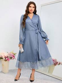 Modelyn 大码纯色蕾丝拼接连衣裙长款晚礼服 - 藍色 - 查看 1