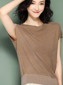 Casual Shiny Crew Neck Knit Top, Spring/Summer - Khaki - View 4