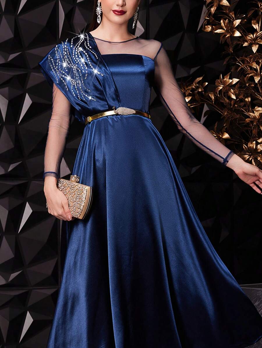 Modelyn Women's Shiny Rhinestone Mesh Splicing Satin Dress,Elegant Evening Party Dress Long Evening Dresses - Navy Blue - View 1