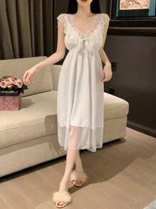 DAZY Women Romantic Mesh Lace Splicing Ruffle Trim Backless Nightgown Pajama - White - View 5