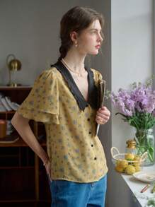 Simple Retro 小碎花印花拼布领前纽扣衬衫 - 綠色 - 查看 5