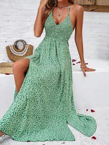 2024 Spring/Summer Casual Vacation Style Floral Printed Split Hem Spaghetti Strap Dress - Green - View 4