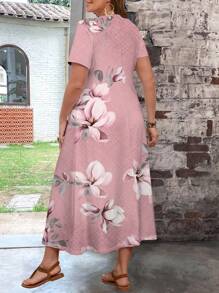 EMERY ROSE 大码女式休闲优雅花卉图案 V 领短袖连衣裙，适合春夏季 - 粉色 - 查看 2