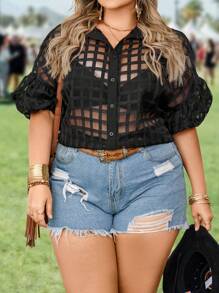 SHEIN LUNE Plus Size Grid Mesh Perspective Shirt - Black - View 5