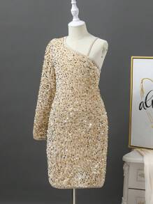 SHEIN Tween Girls'  Sparkly Asymmetrical Shoulder Mid-Length Formal Dress, Suitable For Parties, Birthdays, Performance And Other Occasions, Autumn