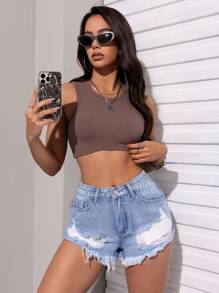 SHEIN PETITE Distressed Mini Denim Shorts With Raw Hem - Light Wash - View 6