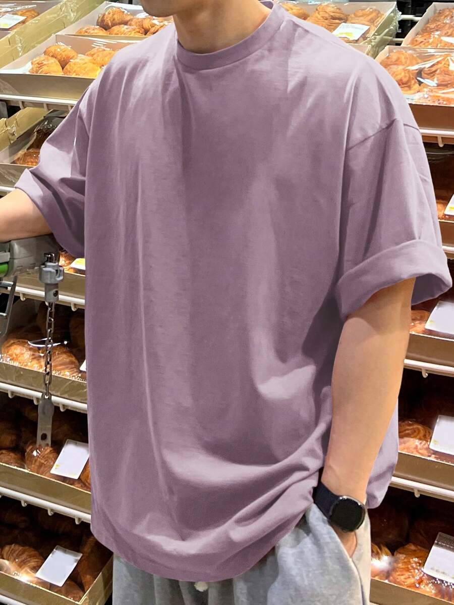 DAZY Men's Solid Color Oversized Round Neckline Drop-Shoulder Loose T-Shirt - Purple - View 1