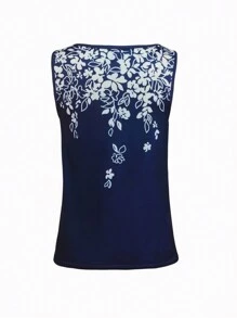 SHEIN LUNE 花卉印花v領休閒背心上衣 - 藍色 - 查看 2