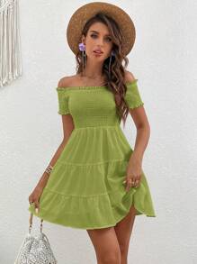 SHEIN VCAY Off Shoulder Ruffle Hem Solid Summer Dress