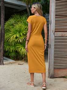 SHEIN Clasi 純色蝙蝠袖短衫,打結細節設計,短裙開叉款 - 薑色 - 查看 2