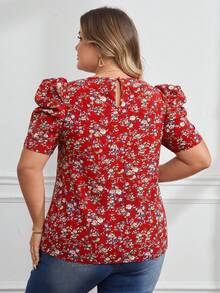 SHEIN Clasi 大尺碼女性花卉印花短式泡泡袖圓領襯衫 - 酒紅色 - 查看 3