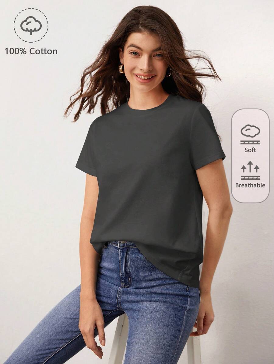 SHEIN BASICS Ladies' Solid Color Short Sleeve T-Shirt - Dark Grey - View 1
