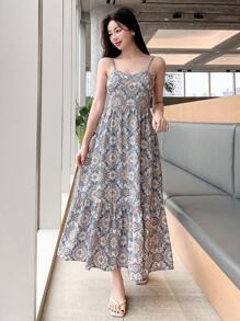 DAZY 女士长款无袖吊带连衣裙，适合夏季波西米亚风邮轮度假，可作连衣裙穿着，也可作吊带裙或度假装，或作女士碎花长裙。 - 彩色 - 查看 3
