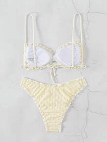 Swim Mod Summer Beach Tie Back Frill Trimmed Ornament Bikini Set - Apricot - View 4