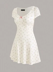 SHEINNeu 可爱甜美芭蕾粉色蝴蝶结小花朵夏季女式连衣裙