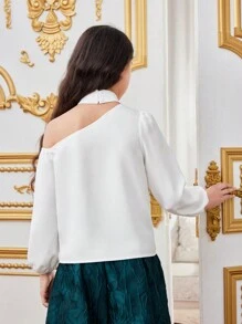 SHEIN Tween Girl Asymmetrical Collar Ruffle Trim 3d Flower Long Sleeve Shirt - White - View 2