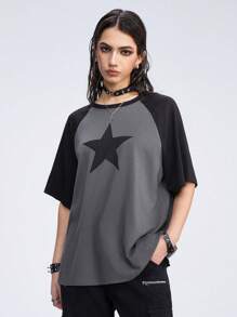ROMWE Grunge Punk Loose Fit Casual Color Block Raglan Sleeve Starry Printed T-Shirt, School