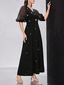 Modelyn Women's Bubble Sleeve Dress With Rhinestone ,Elegant Evening Party Dress Long Evening Dresses - Black - View 7