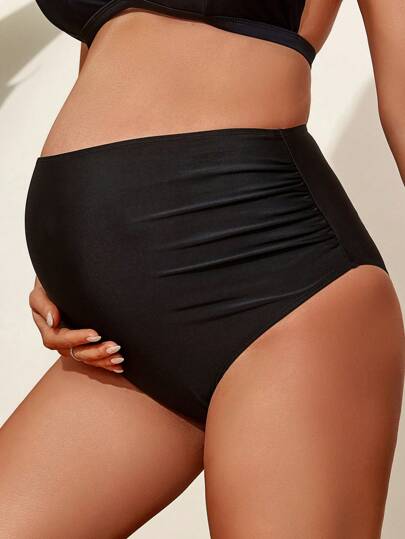 SHEIN Summer Beach Maternity Solid Color Ruched High Waisted Swimwear Bikini Bottom, Maternity Bathing Suit