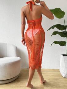 Breezaya Ladies' Hollow Out & See-Through Solid Color Halter Neck Sweater Dress