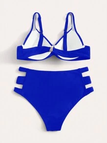 SHEIN Swim 純色比基尼套裝，帶鋼圈高腰兩件式泳裝沙灘裝，適合夏季度假 - 寶藍色 - 查看 3
