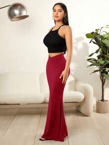 SHEIN SXY 純色v腰魚尾超長裙 - 酒紅色 - 查看 7