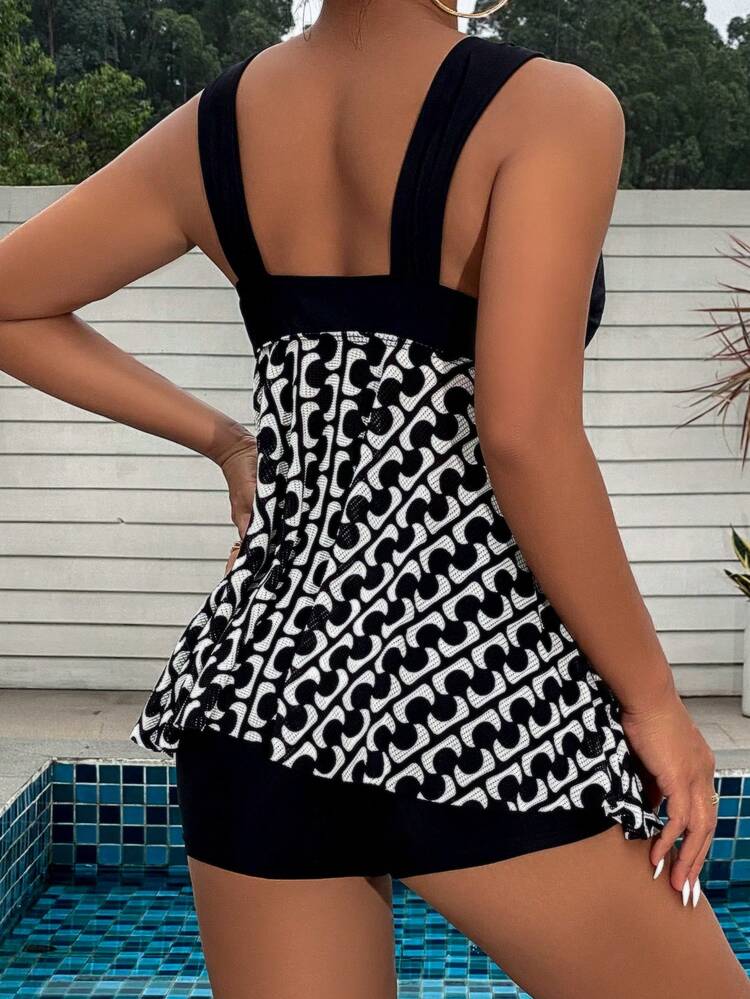 Women's Printed Splicing Swimwear Cami Top & Solid Color Boxer Shorts Swimwear Set, For Summer, Beach, Honeymoon, Travel, Vacation, Swimming Pool