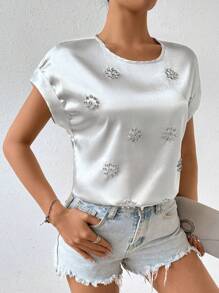 Chiquease Pha lê Trang trí Vòng cổ tay cánh Áo sơ mi - trắng - Xem 4