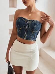 Aveloria Retro Style Zipper Detail Denim Bustier Top With Pearl Embellishments