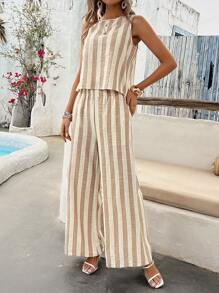 Chiquease Ladies' Striped Round Neck Vest And Pants Set - Khaki - View 6