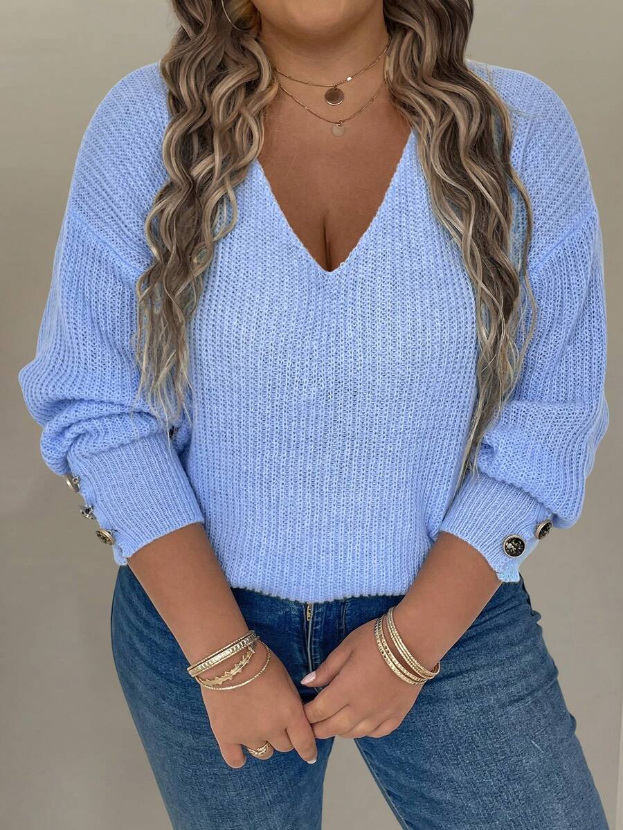 EMERY ROSE Kích thước lớn Trang trí Nút Cổ chữ V Lỏng lẻo Áo len dệt kim Với Vai - Màu xanh lam - Xem 1