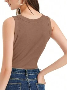 INAWLY Plus Size Women's Solid Color Round Neck Ruffled Tank Top - Khaki - View 2