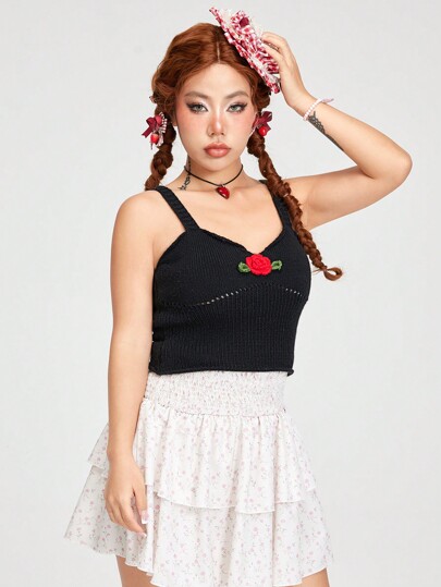 Kawaii Women Summer Sweet Lovely Rose Decorated Knitted Tank Top