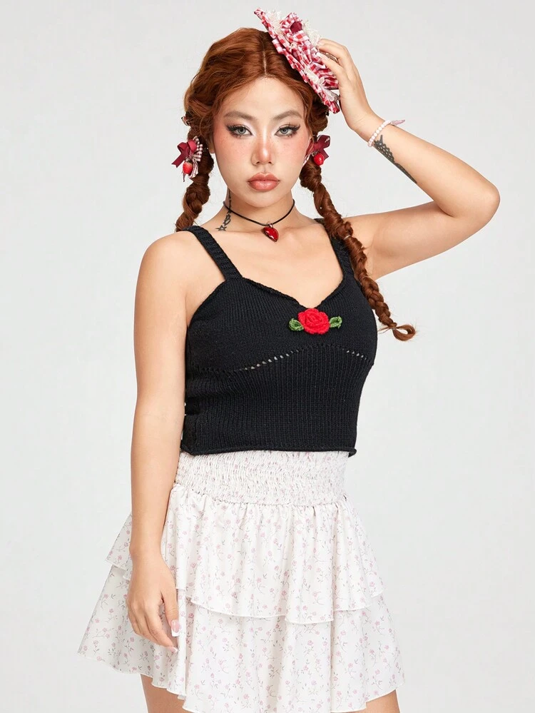 Women Summer Sweet Lovely Rose Decorated Knitted Tank Top