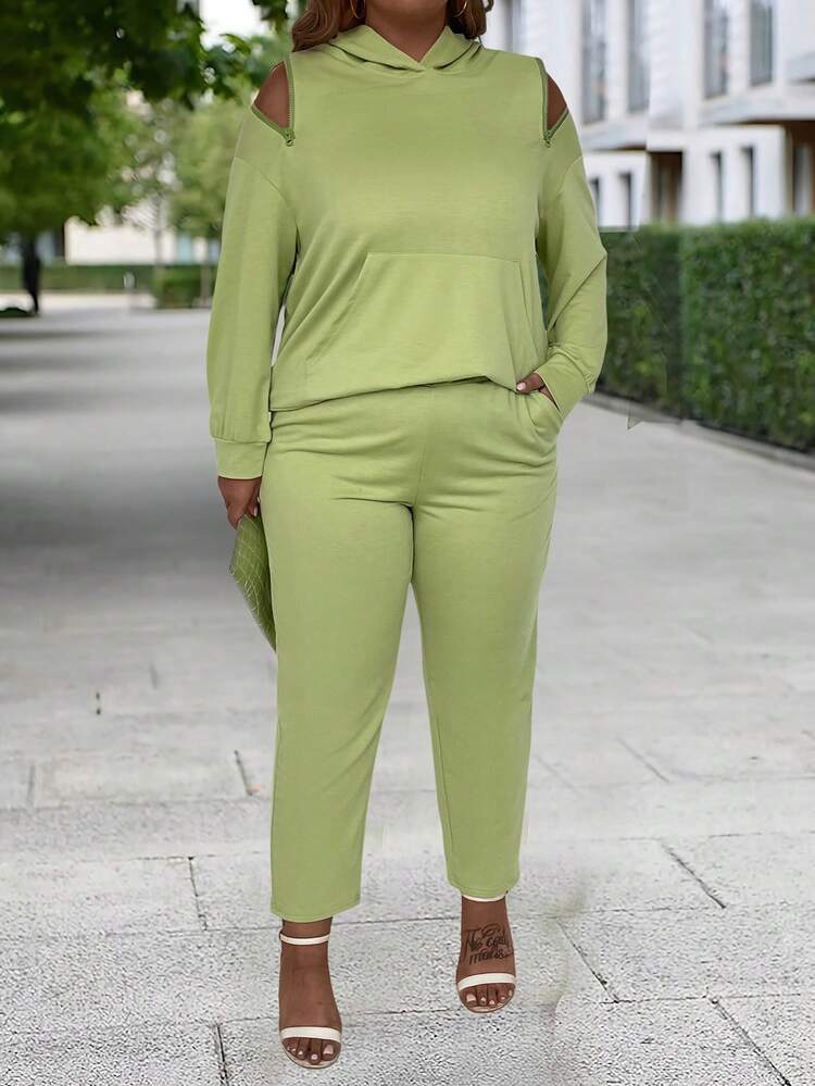 Plus Size Women's Cold Shoulder Hoodie And Pants Set