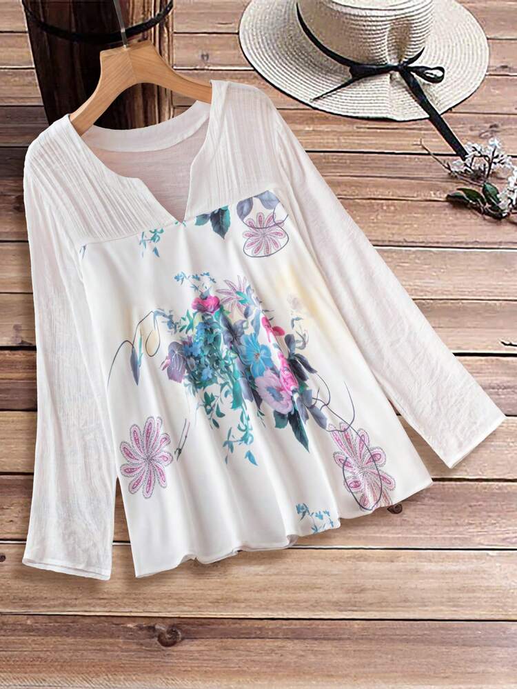 Plus Size Women's Floral Print Notched V-Neck Long Sleeve Shirt