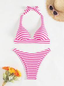 SHEIN Swim Conjunto de bikini con escote de cuello de halter con rayas, anudado, para playa de verano para mujer