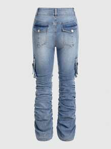 ROMWE Grunge Punk 女式休闲日常实用口袋褶皱下摆紧身弹力牛仔裤 - 藍色 - 查看 4