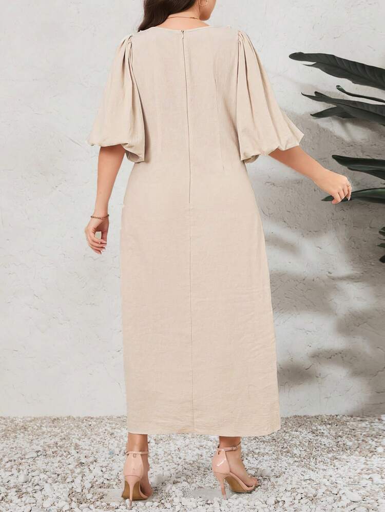 Plus Size Solid Color Lantern Sleeve Dress With Decorative Buttons
