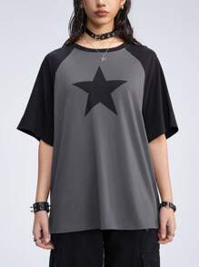ROMWE Grunge Punk Loose Fit Casual Color Block Raglan Sleeve Starry Printed T-Shirt, School