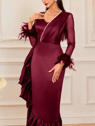 Modelyn Burgunderrotes Damenkleid mit Kunstperlen- und Federverzierung, elegantes Abendkleid für festliche Anlässe