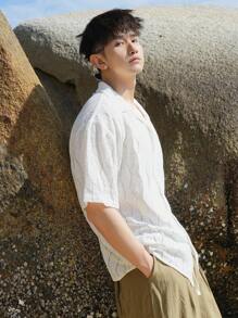 DAZY 男士夏季波浪条纹衬衫，秋季度假服装 - 米色 - 查看 4