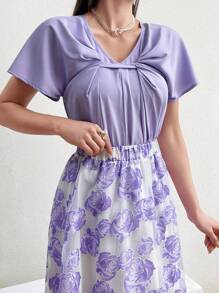 Modelyn 女式圆领褶裥蝙蝠袖上衣和花卉印花裙组合两件套 - 紫色 - 查看 3