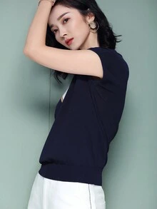 Women's Casual Loose Color Blocking V-Neck Short Sleeve Knitted Top - Navy Blue - View 4