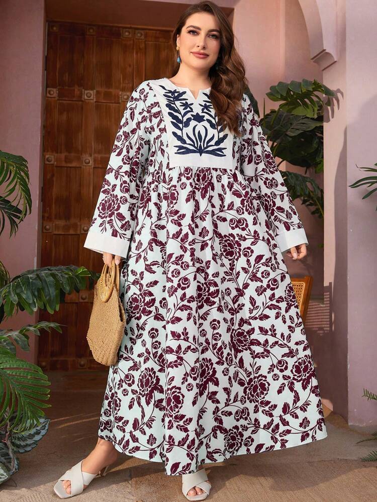 Plus Size Floral Print Notched Neck Arabic Clothing Kaftan Jalabiya Dress