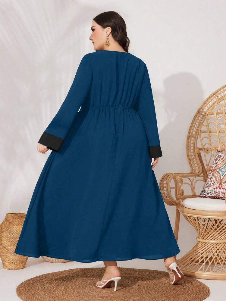 Plus-Size Women's Floral Embroidery & Color Blocking Long Sleeve Arabic Clothing Kaftan Jalabiya Dress