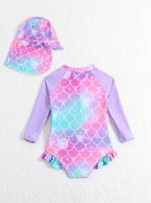 SHEIN Traje De Baño De Una Pieza Con Estampado De Escamas De Pez Para Bebé Niña, Manga Larga Con Borde Y Sombrero Con Volantes, Traje De Baño Para La Playa De Verano