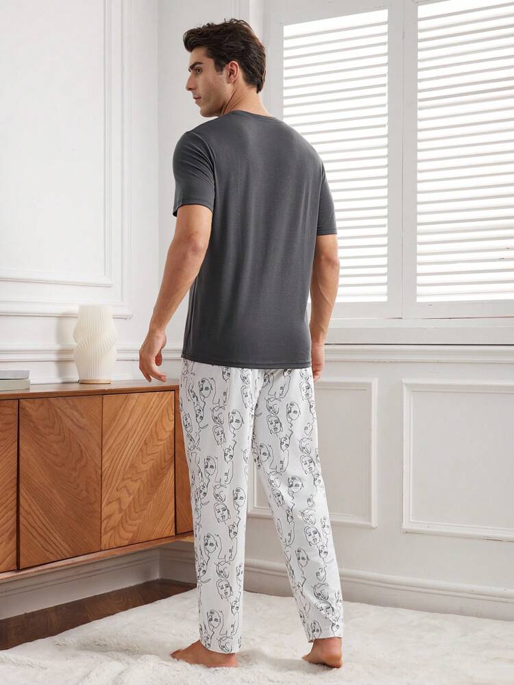 Men's Casual And Comfortable Homewear Set With Portrait Print